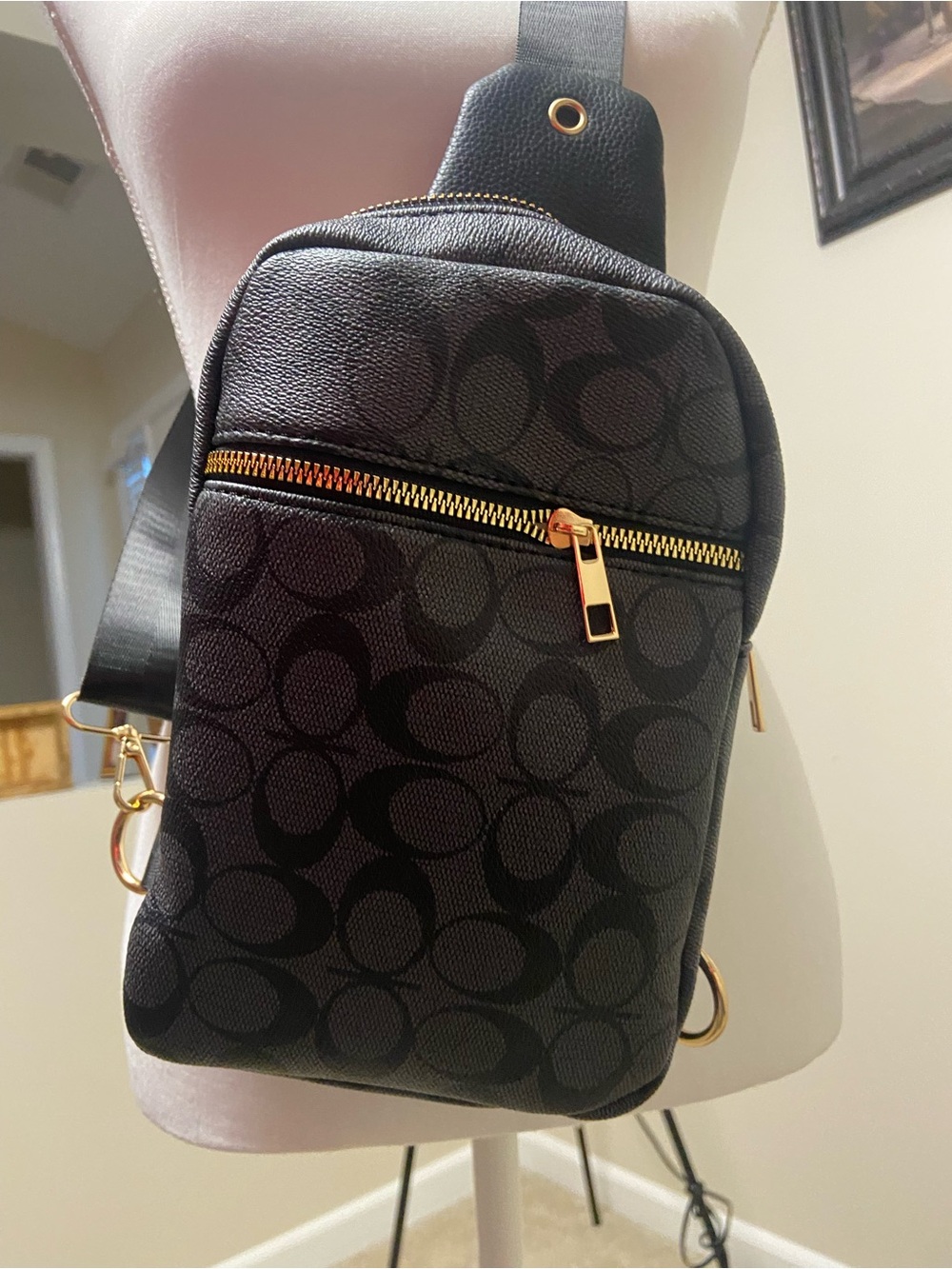 Black Signature-Print Crossbody Sling Bag with Gold Hardware